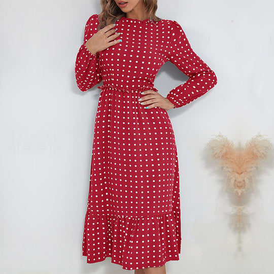Damen Midikleid im Retro-Polka-Dot-Stil mit Stehkragen, taillierter Raffung und Volant Nord Taschen