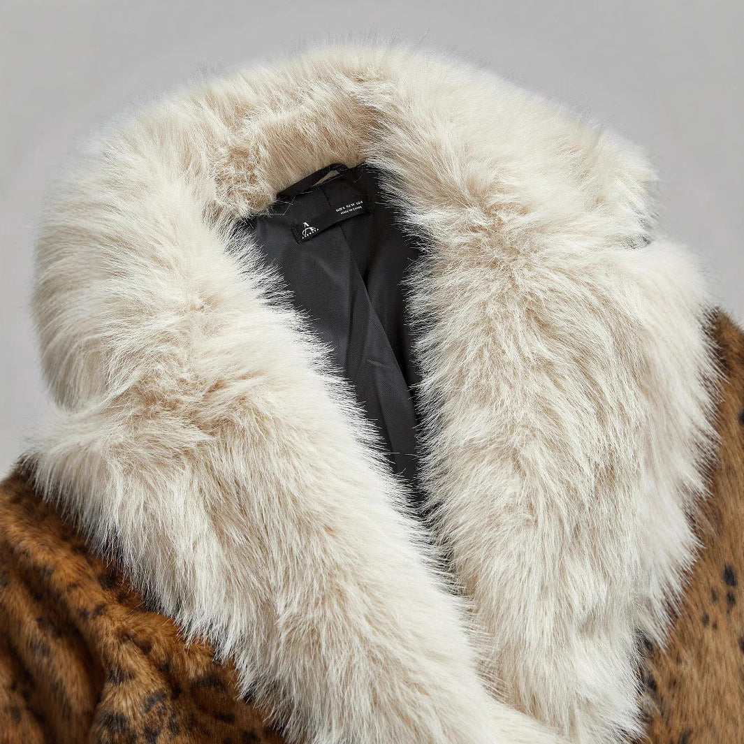 Damen Midilanger Kunstpelzmantel im Animal-Look mit abgesetztem Langhaar-Kragen und Manschetten Nord Taschen
