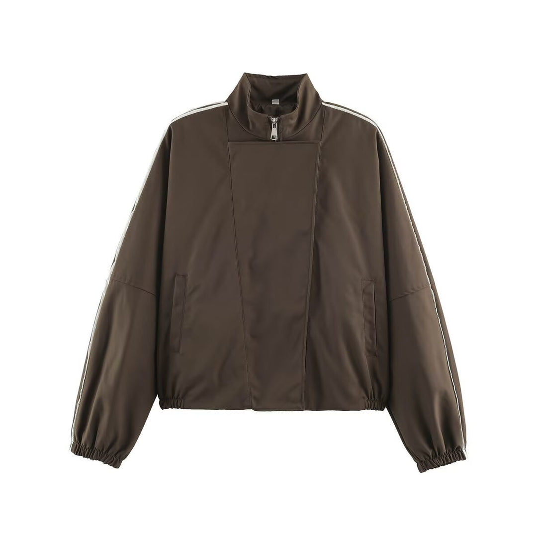 Damen Oversize Bomberjacke im Blouson‑Stil mit hohem Stehkragen, verdecktem Reißverschluss und Kontrastpaspel Nord Taschen