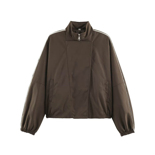 Damen Oversize Bomberjacke im Blouson‑Stil mit hohem Stehkragen, verdecktem Reißverschluss und Kontrastpaspel Nord Taschen