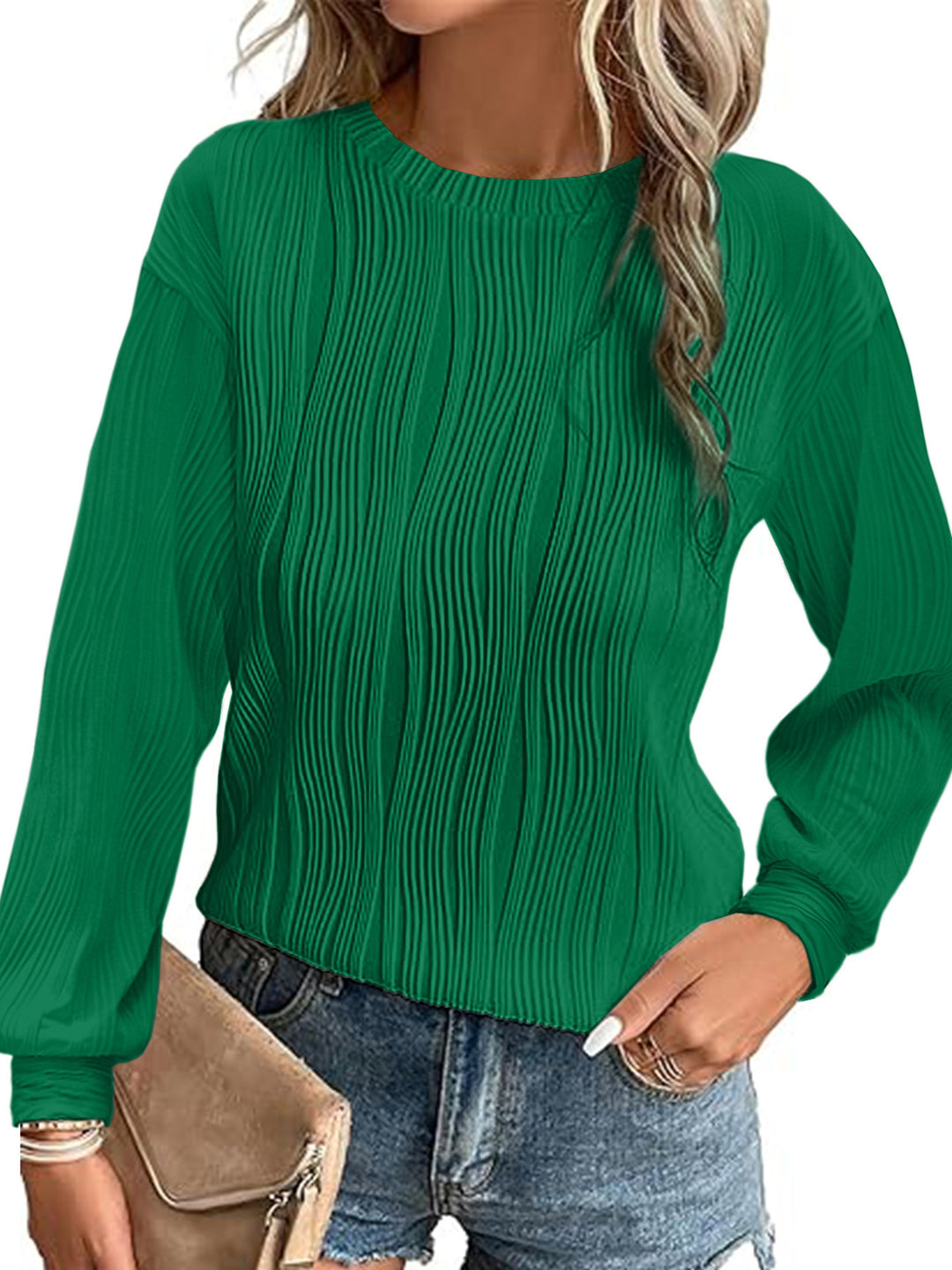Damen Plissiertes Feinstrick-Longsleeve mit Rundhalsausschnitt Nord Taschen