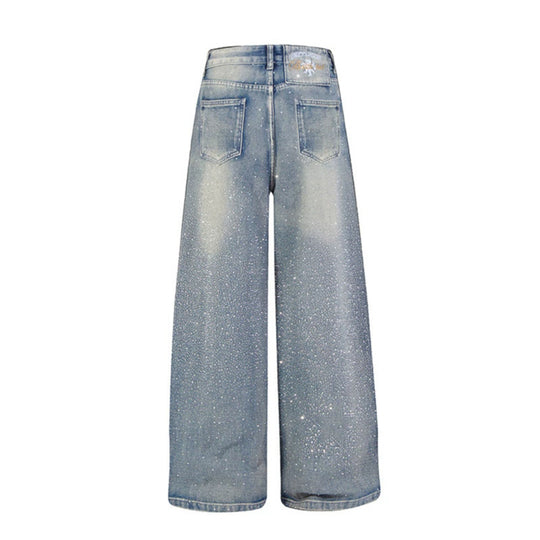 Damen Weite hochgeschnittene Palazzo-Jeans mit Glitzereffekt und Used-Waschung Nord Taschen