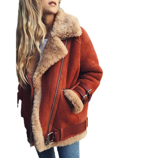 Damen Kurzjacke im Fliegerstil mit abgesetztem Fellkragen und verstellbaren Schnallen Nord Taschen