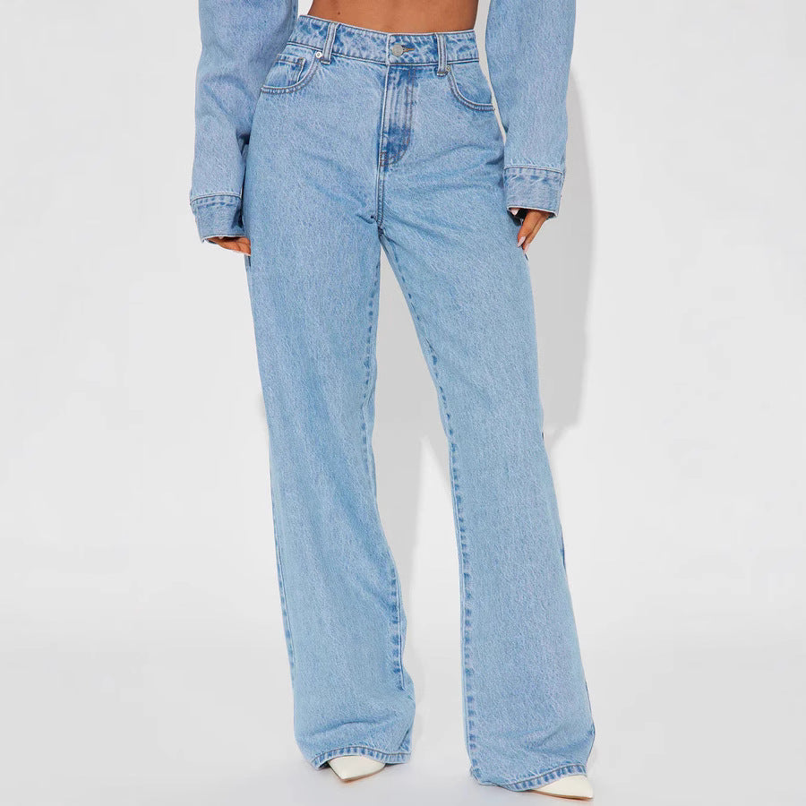 Damen hochgeschnittene Weitbein-Jeans mit taillierendem Bund, klassischem Five‑Pocket‑Schnitt und fließendem Bein Nord Taschen