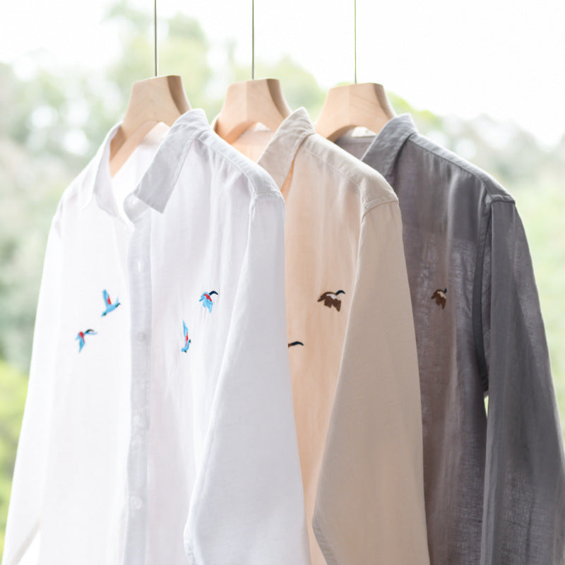 Herren Leichtes Leinenhemd mit feiner Vogelstickerei und Relaxed Fit Nord Taschen