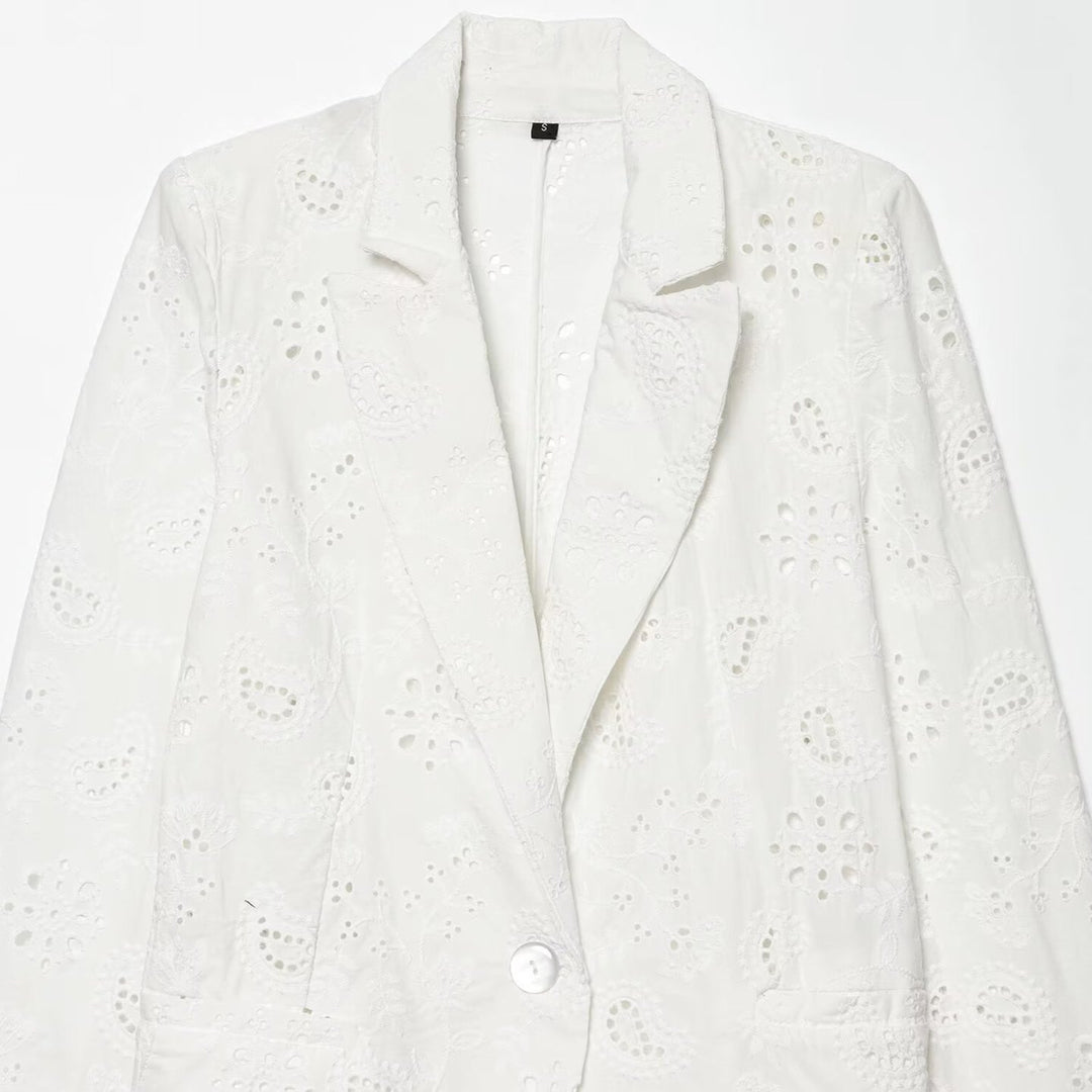Damen Leichter Broderie-Anglaise-Blazer mit Schalkragen und Lochstickerei Nord Taschen