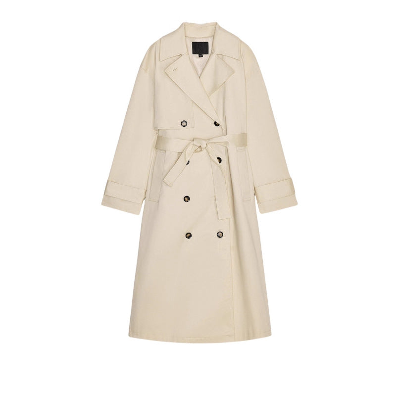 Damen Langer Trenchcoat mit doppelreihiger Knopfleiste, Taillengürtel und breitem Revers Nord Taschen