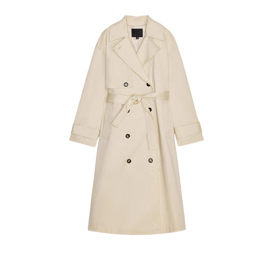 Damen Langer Trenchcoat mit doppelreihiger Knopfleiste, Taillengürtel und breitem Revers Nord Taschen