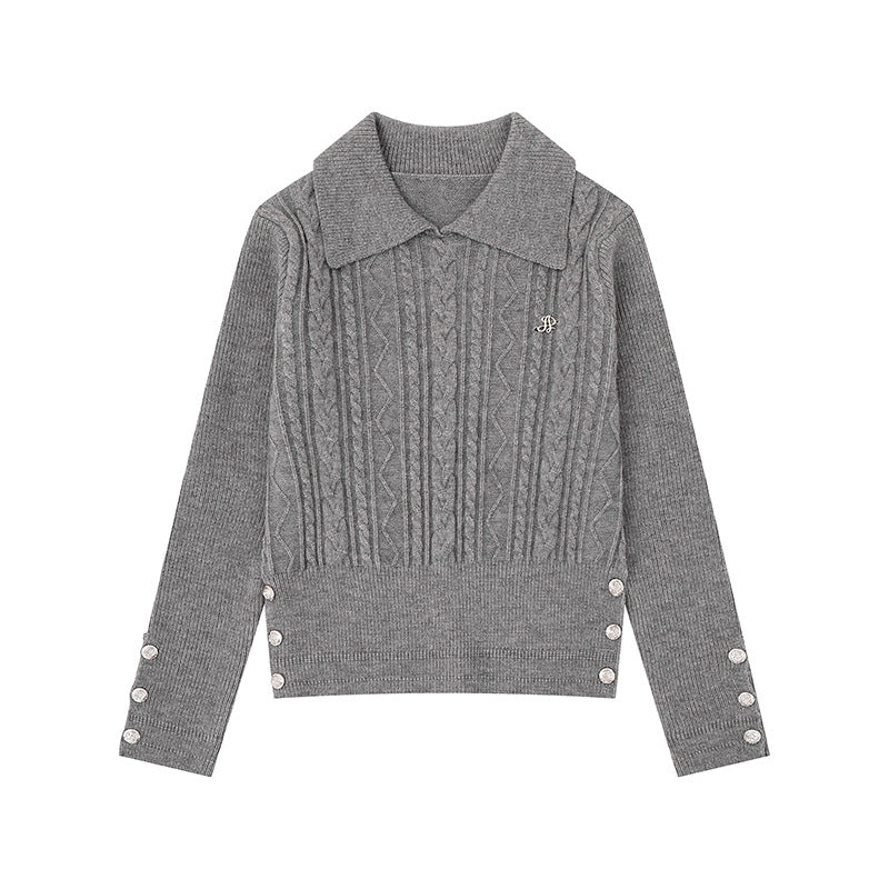 Damen Feinstrick-Polo-Pullover mit Zopfmuster, Zierknopfbesatz und taillierter Passform Nord Taschen