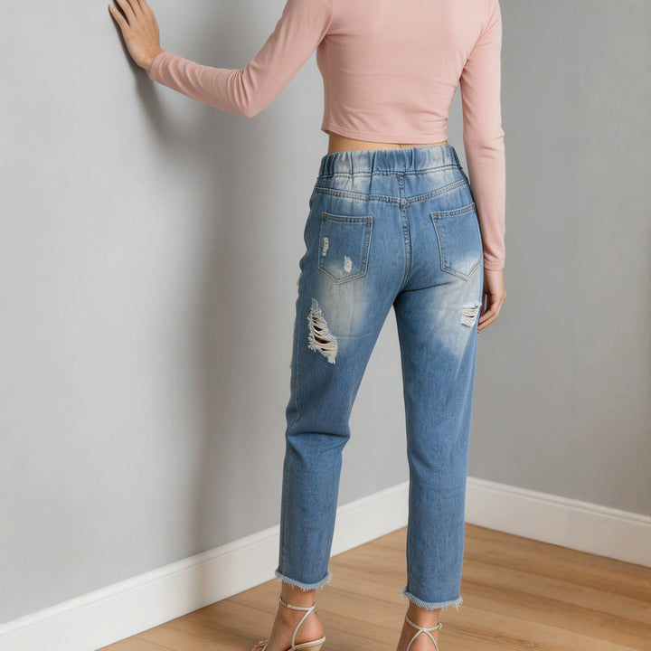 Damen lockere Destroyed-Denim Jogger mit elastischem Kordelbund und ausgefranstem Knöchelabschluss Nord Taschen