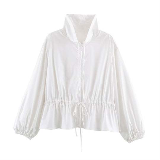 Damen Leichte taillierbare Windjacke mit Stehkragen, Tunnelzug und Ballonärmeln Nord Taschen