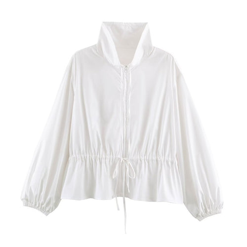 Damen Leichte taillierbare Windjacke mit Stehkragen, Tunnelzug und Ballonärmeln Nord Taschen