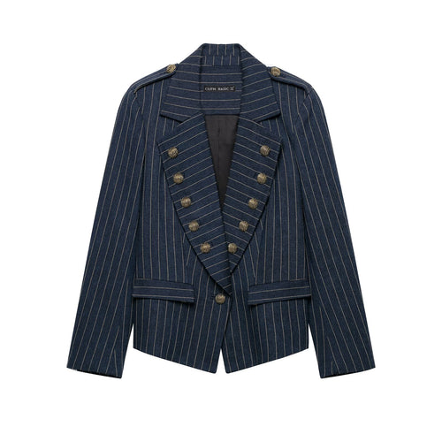 Damen Cropped-Blazer im Nadelstreifen mit doppelseitiger Zierknopfleiste und Schulterriegeln Nord Taschen