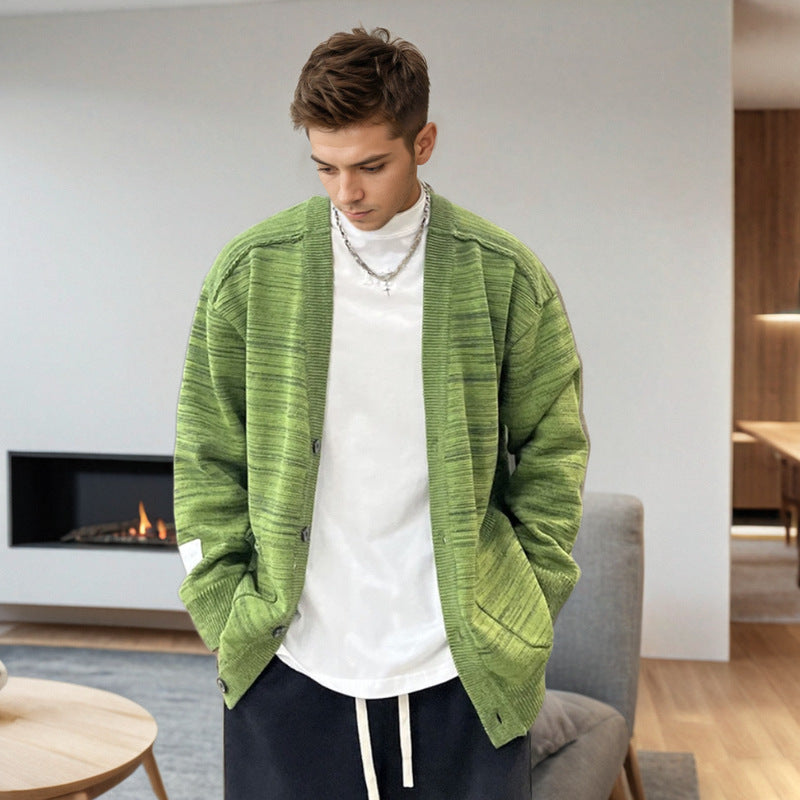Herren Lockerer Melierter Oversize-Strickcardigan mit Knopfleiste und aufgesetzten Taschen Nord Taschen