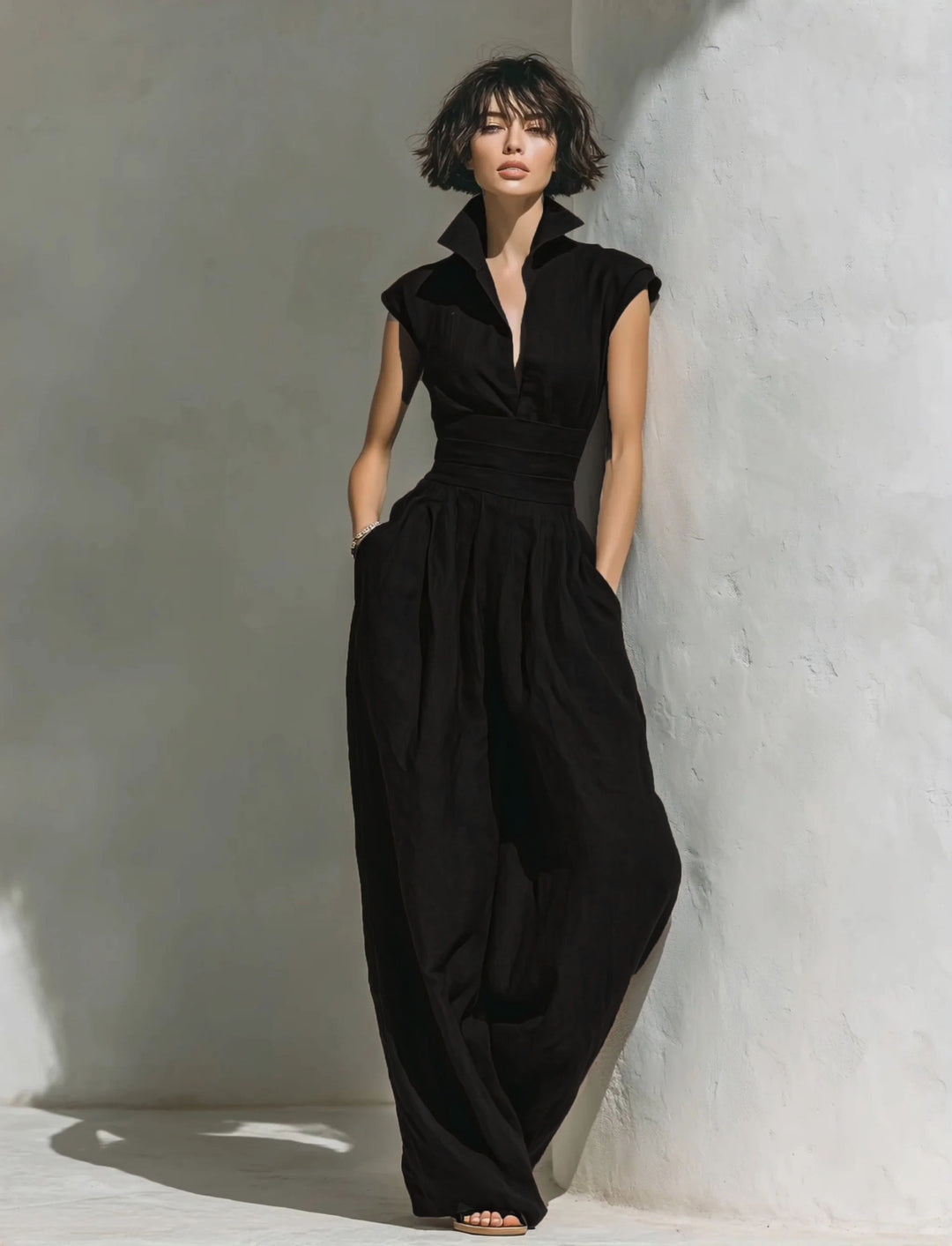 Damen Jumpsuit mit weitem Bein, tailliertem Wickelbund und Stehkragen Nord Taschen