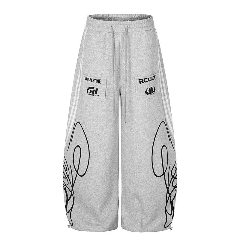 Damen Weite Midilounge‑Sweathose im Palazzo‑Cut mit Tunnelzug, Zip‑Saum und Statement‑Print Nord Taschen