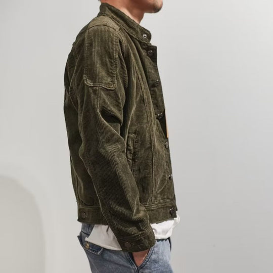 Herren Kurz geschnittene Kordjacke im Worker‑Style mit Stehkragen und Druckknopfleiste Nord Taschen