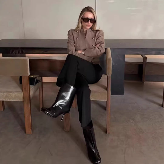 Damen Zweiteiliger taillierter Nadelstreifen-Anzug mit Reißverschlussblazer und Highwaist-Hose Nord Taschen