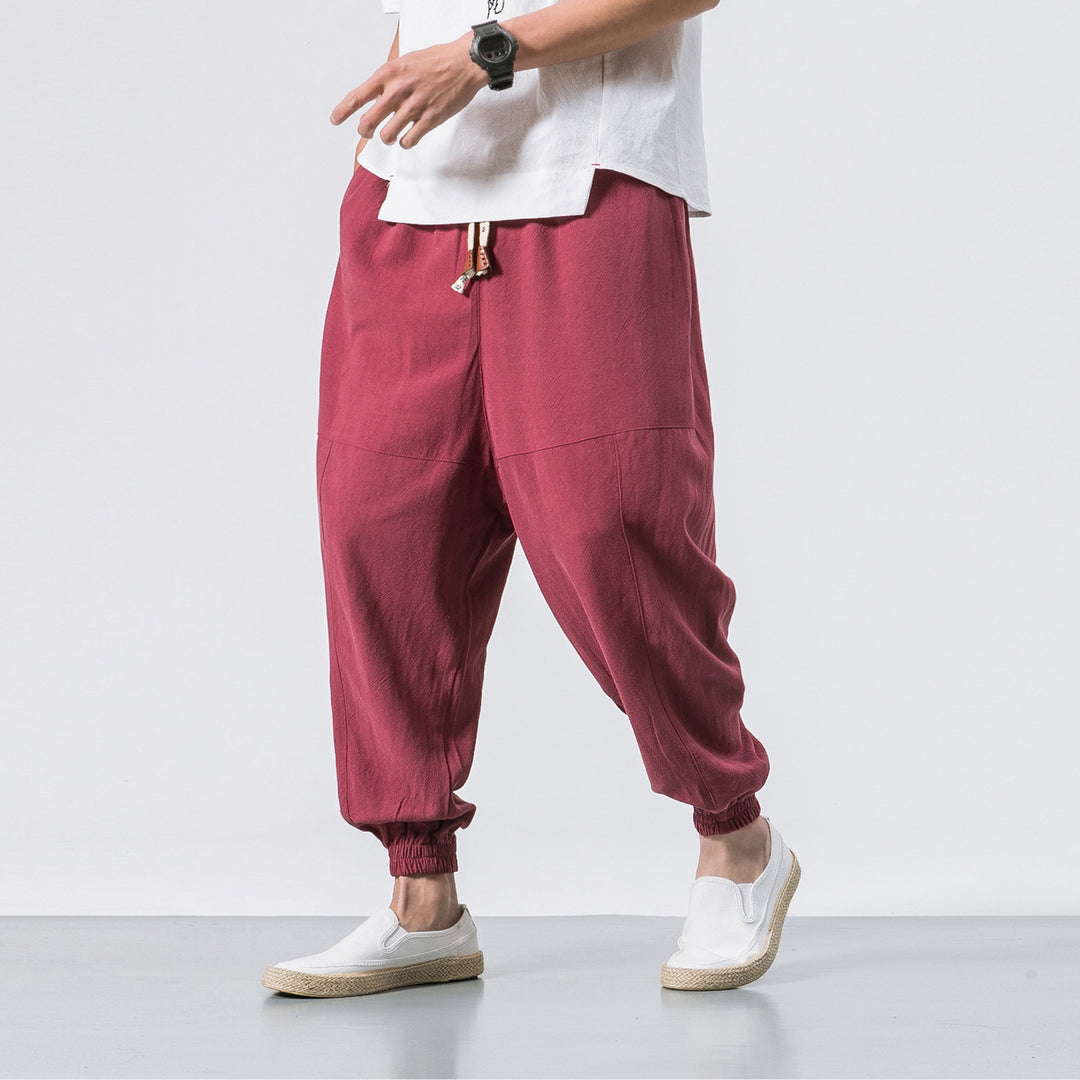 Herren relaxed Fit Leinen-Jogger mit Tunnelzug, eingesetzten Knieteilen und elastischen Bündchen Nord Taschen