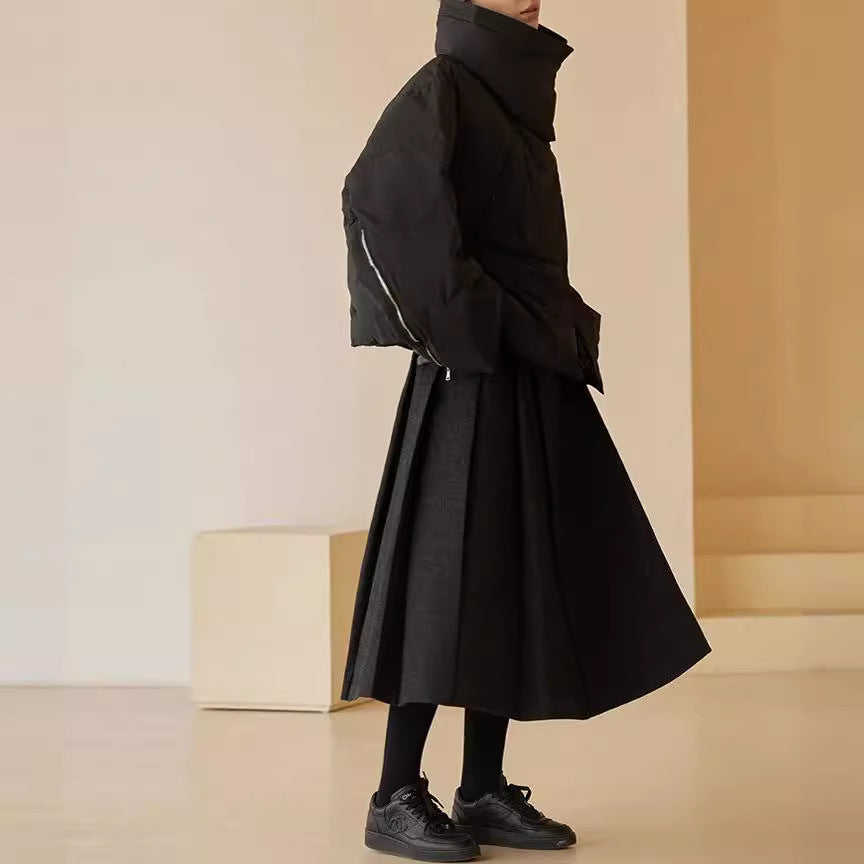 Damen Taillenhoher Midi-A-Linienrock aus Wollmix mit eingelegten Falten und Zierlasche Nord Taschen