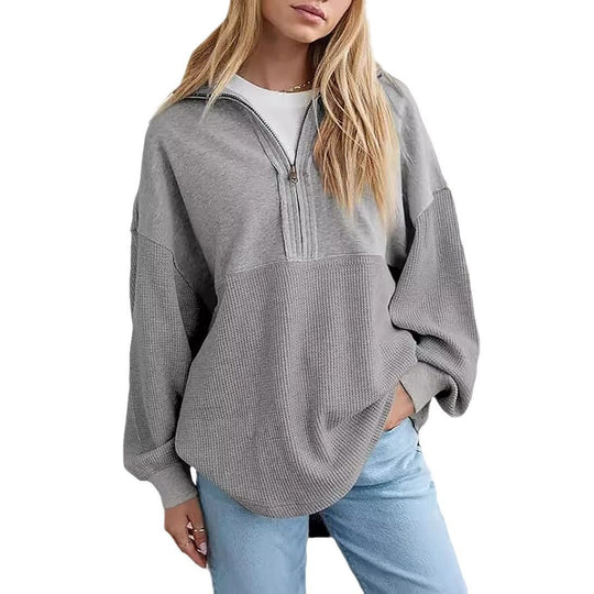 Damen Oversize-Halbzip-Pullover mit Waffelstrick-Einsätzen Nord Taschen