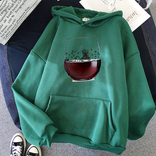 Damen nan lässiger Kapuzenhoodie mit fotorealistischer Weinglas‑Grafik, Kängurutasche und weichem Fleece Nord Taschen