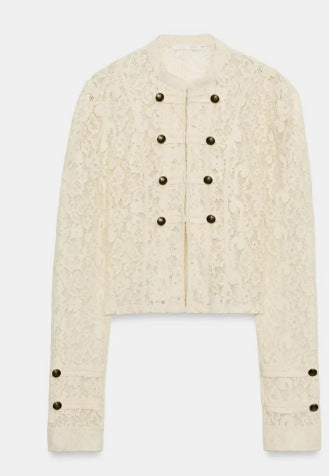 Damen Kurze Spitzenjacke im Military‑Look mit Stehkragen und Zierknopfleiste Nord Taschen