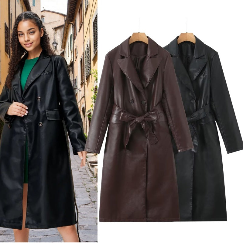 Damen Longline Imitatleder-Trenchcoat mit doppelreihiger Knopfleiste und Taillengürtel Nord Taschen