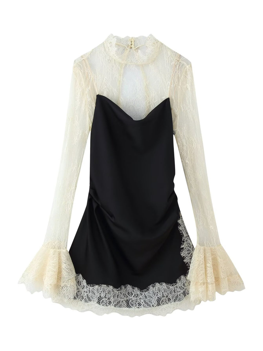 Damen Elegantes Slipkleid mit Spitzen-Overlay, Stehkragen und Volantärmeln Nord Taschen