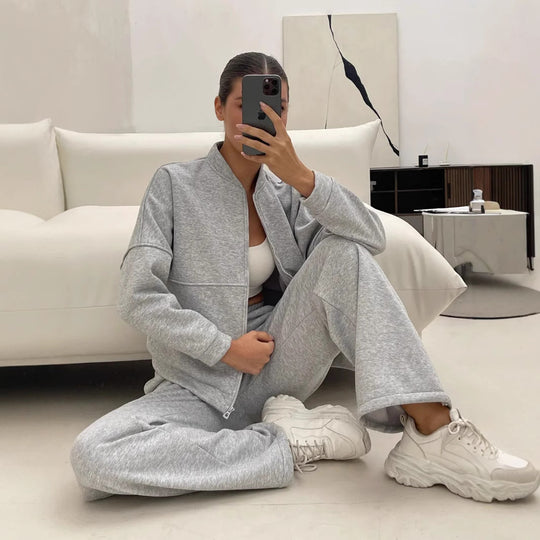Damen lässiges Zip-Lounge-Set mit Stehkragen und weitem Highwaist-Joggpant Nord Taschen