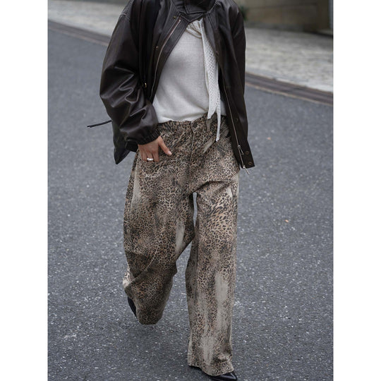 Damen Palazzo-Hose mit Leopardenmuster, hohem Bund und großen aufgesetzten Taschen Nord Taschen