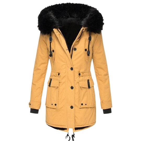 Damen Gefütterter Parka mit Kapuze und abnehmbarem Kunstpelzbesatz, taillierter Wintermantel Nord Taschen