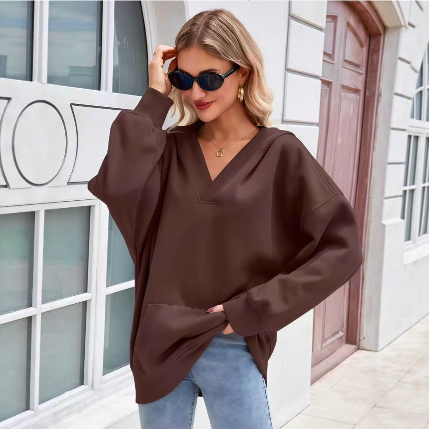 Damen Oversize V-Ausschnitt Hoodie mit Kapuze, Kängurutasche und verlängertem Saum Nord Taschen