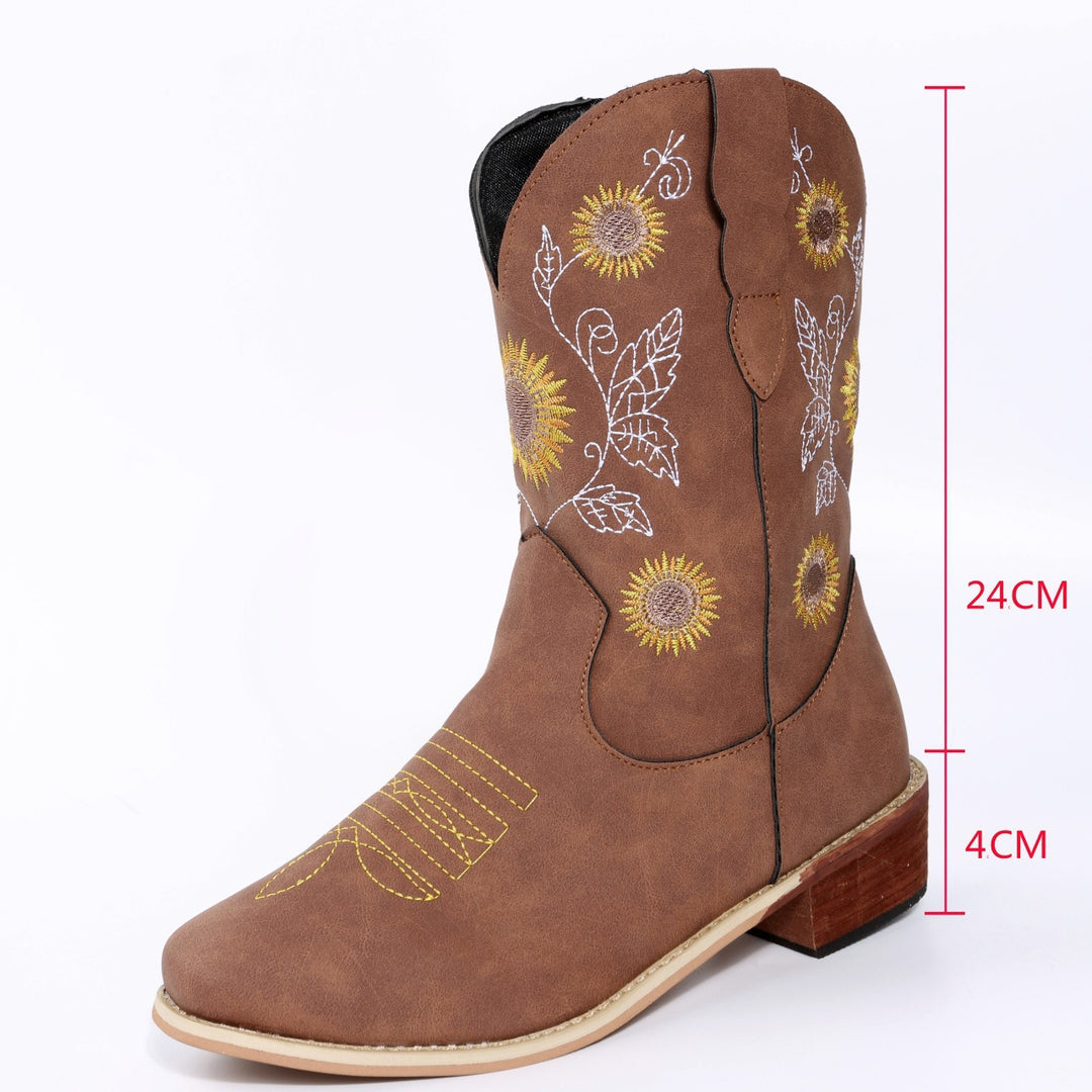 Damen Bestickte Western‑Stiefel mit Sonnenblumenmotiv und mittlerem Blockabsatz Nord Taschen