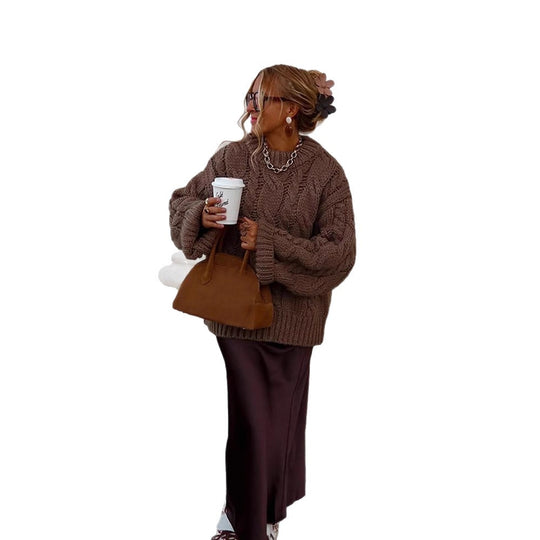 Damen Oversize Grobstrickpullover mit Zopfstrick, hohem Kragen und verlängerten Ärmeln Nord Taschen
