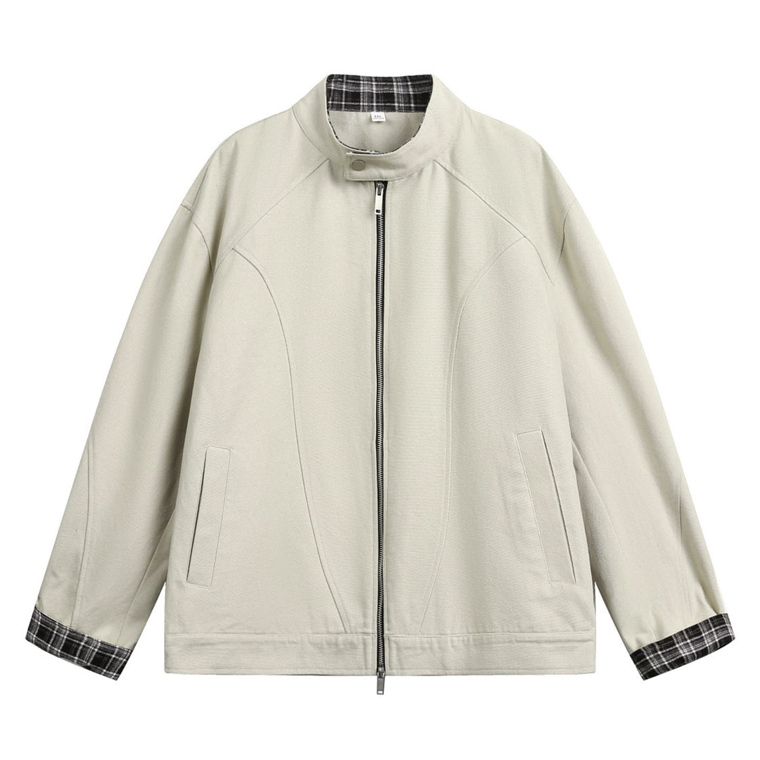 Unisex Boxy-Übergangsjacke mit Stehkragen kariertem Innenfutter und Zweiwege-Reißverschluss Nord Taschen