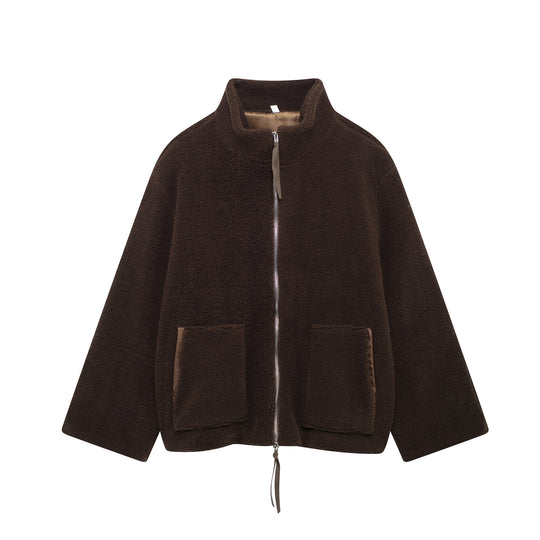 Damen Teddy-Fleece-Jacke mit Stehkragen und Lederoptik-Details Nord Taschen