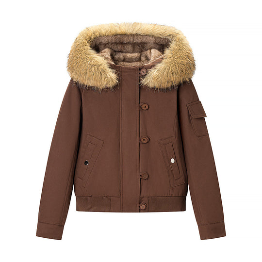 Damen Kurze gefütterte Parka-Jacke mit Kapuze und Kunstfellbesatz Nord Taschen