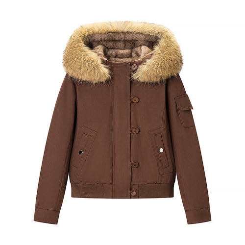 Damen Kurze gefütterte Parka-Jacke mit Kapuze und Kunstfellbesatz Nord Taschen