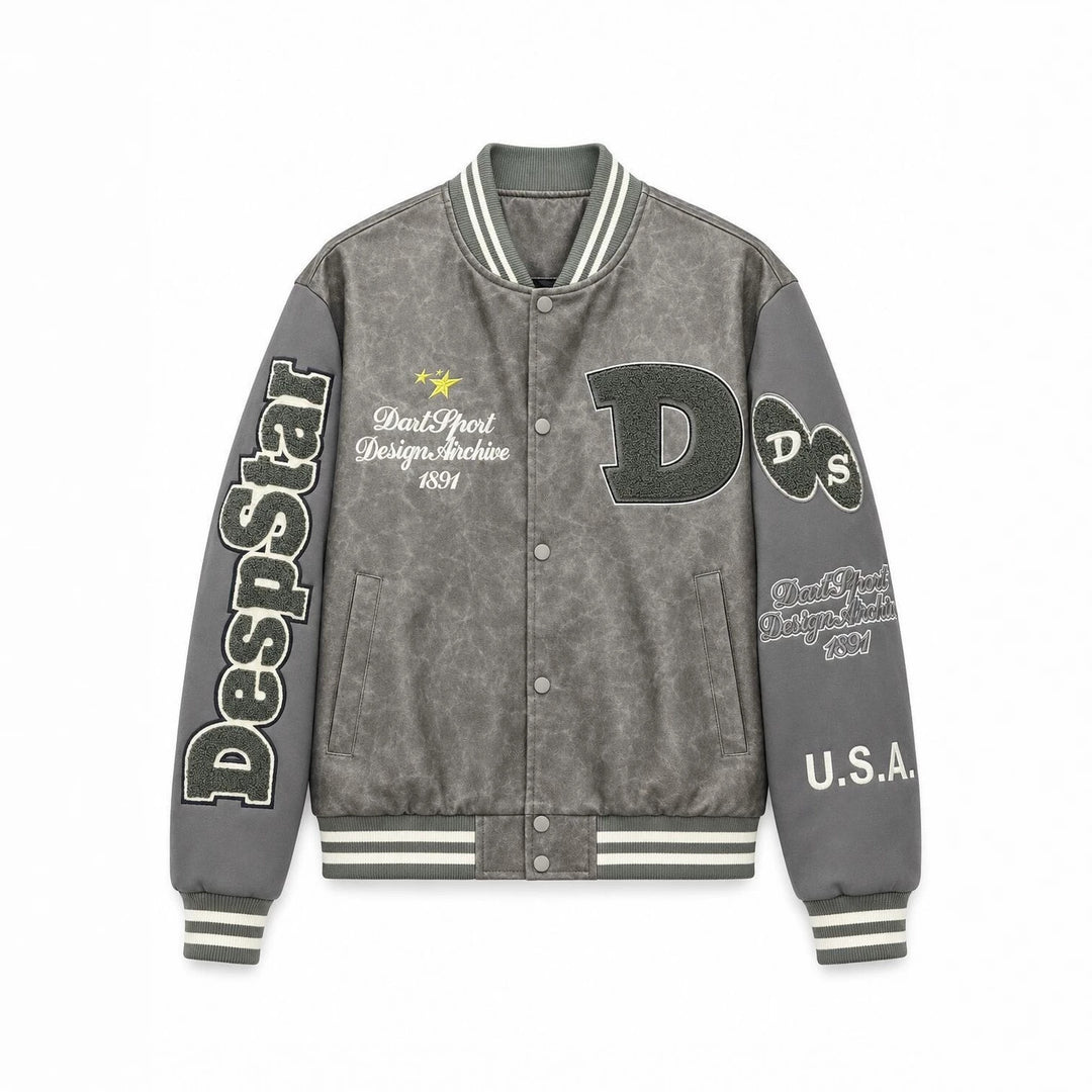 Herren Varsity-Bomberjacke im College-Stil aus Lederimitat mit Applikationen Nord Taschen