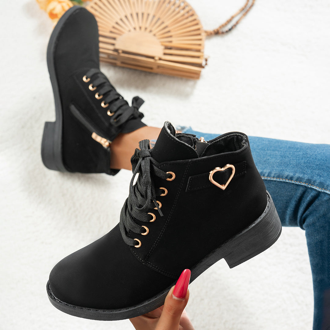 Damen Schnür-Ankleboots aus Veloursoptik mit niedrigem Blockabsatz und Herzdetail Nord Taschen