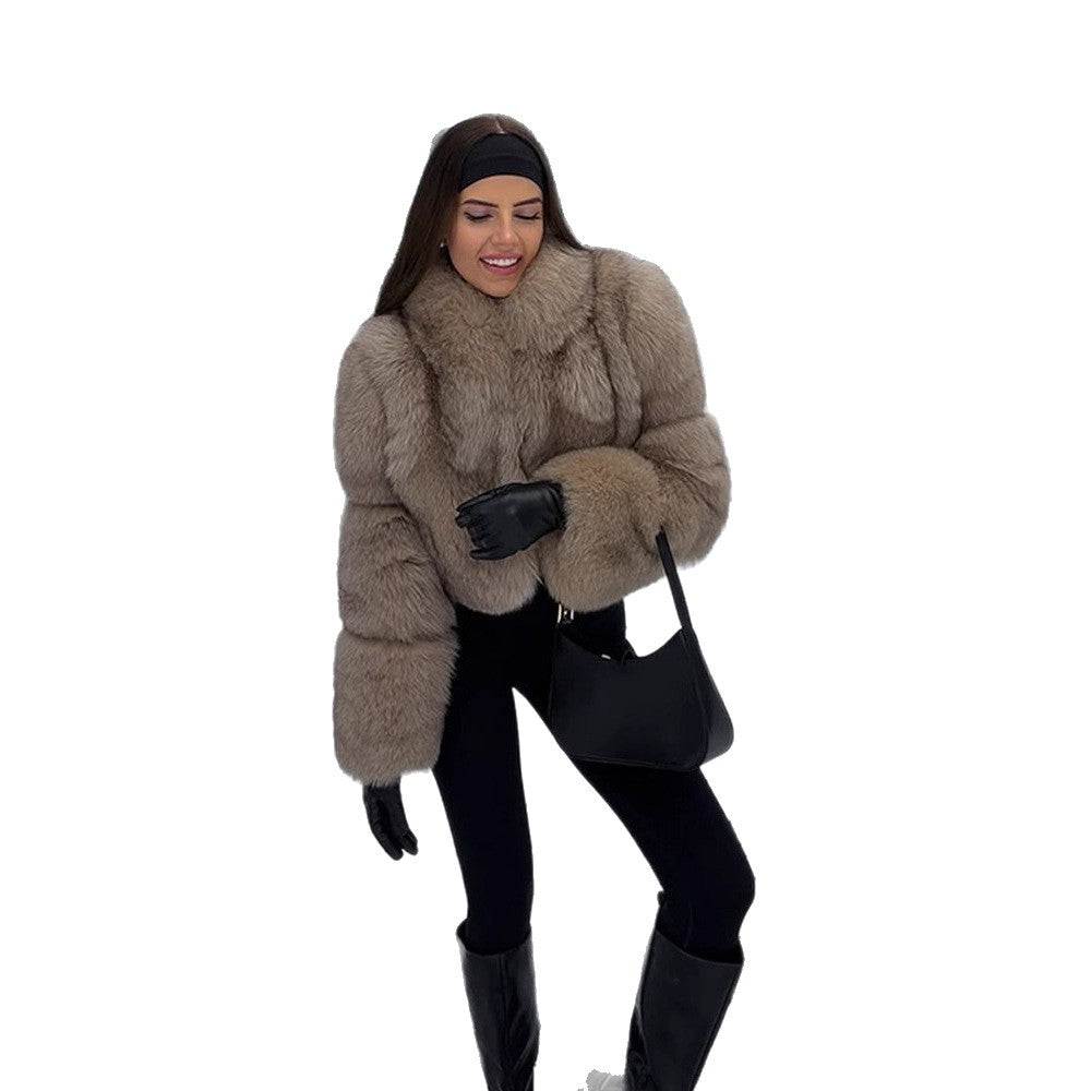 Damen Kurz geschnittener Luxus-Kunstpelzblouson mit voluminösem Schalkragen Nord Taschen