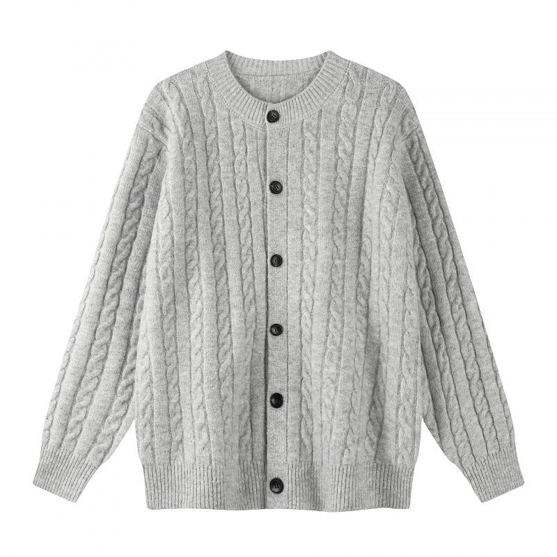 Damen Grobgestrickter Zopf-Strick-Cardigan mit Knopfleiste und Rundhals Nord Taschen