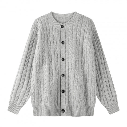 Damen Grobgestrickter Zopf-Strick-Cardigan mit Knopfleiste und Rundhals Nord Taschen