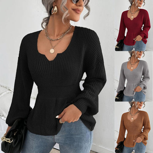 Damen Taillierter Feinstrickpullover mit eingekerbtem V-Ausschnitt, taillenbetonter Rippzone und Ballonärmeln Nord Taschen