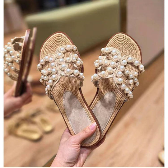 Damen modische Sandalen mit perlverzierten Riemen