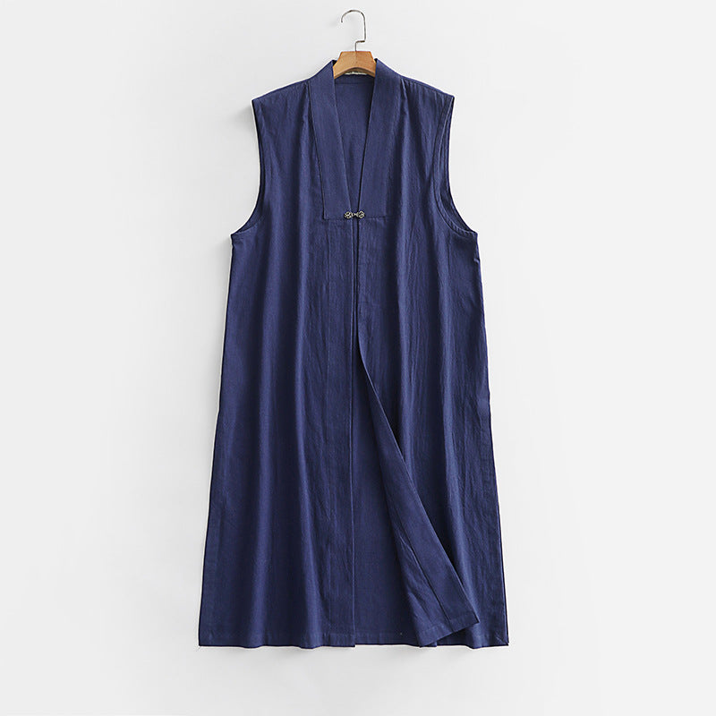 Damen Langer ärmelloser Kimono-Weste aus Leinenmix mit schmaler Schalkante und dekorativem Knebelverschluss Nord Taschen