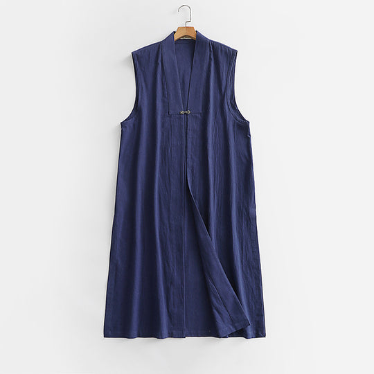 Damen Langer ärmelloser Kimono-Weste aus Leinenmix mit schmaler Schalkante und dekorativem Knebelverschluss Nord Taschen