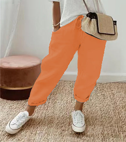 Damen Leinen-Joggerhose mit Kordelzug, lockerer Tapered-Schnitt und gekrempelten Säumen Nord Taschen
