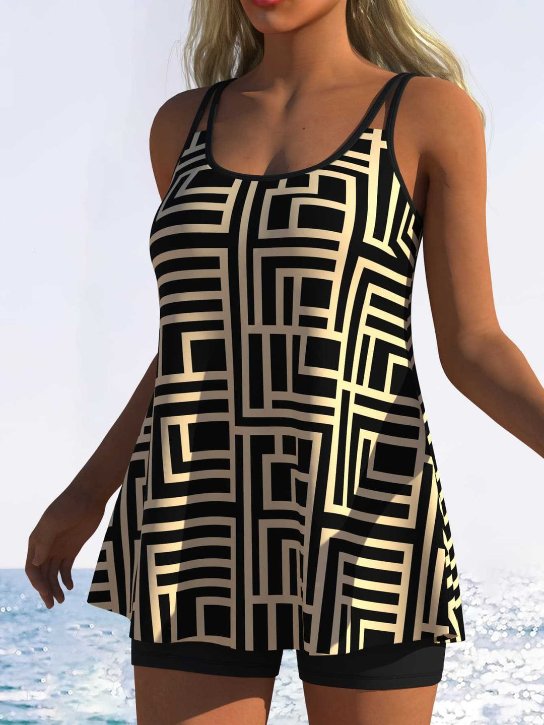 Damen Tankini mit verspieltem Streifenmuster und originellem Schnitt